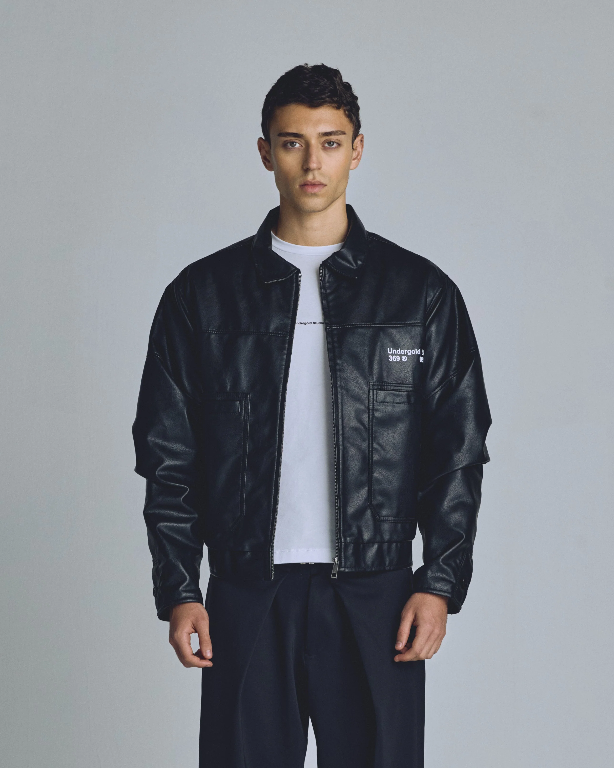 Basics Undergold Studio Leather Boxy Fit Jacket Black - Image 8
