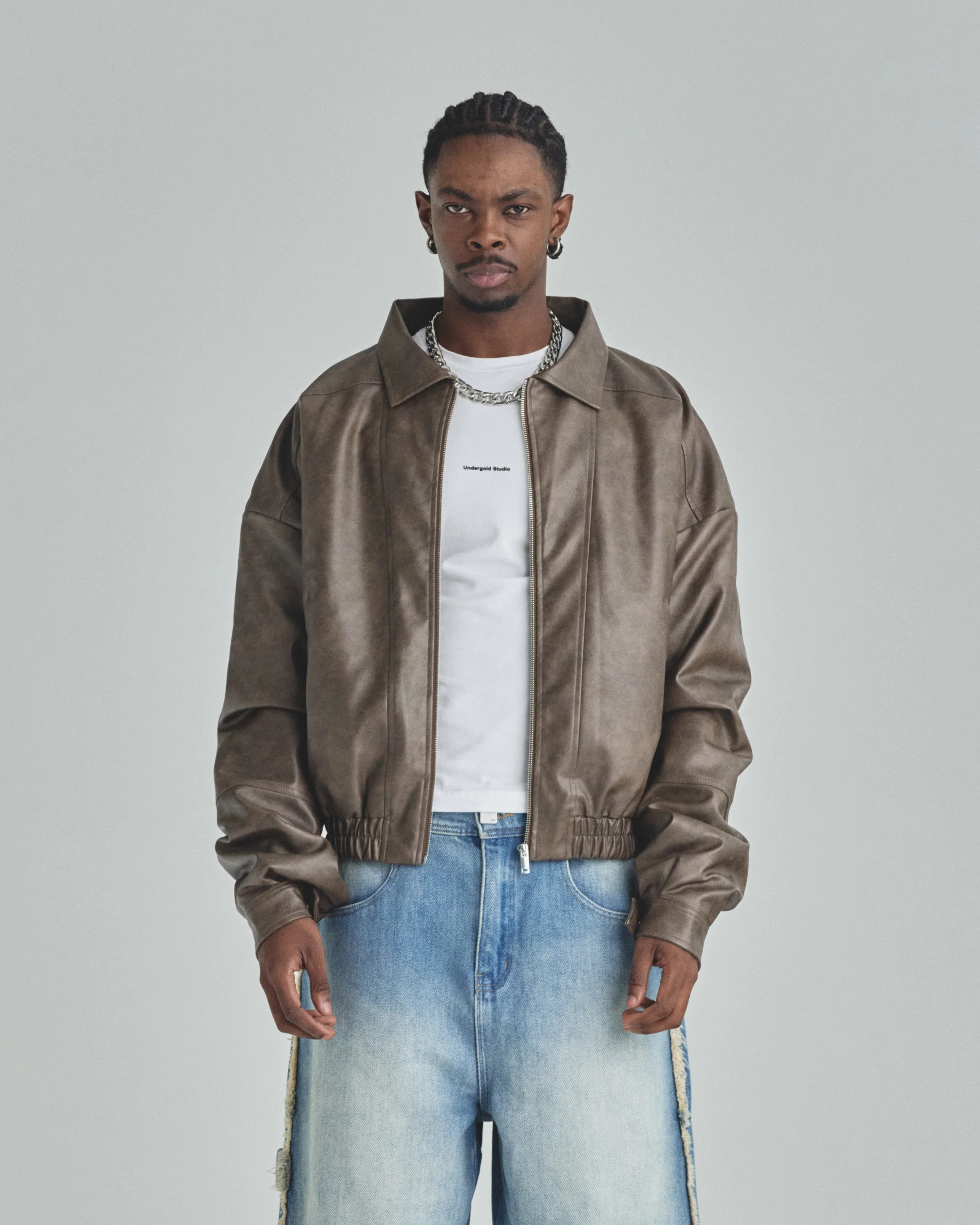 Basics Vintage Panelled Bomber Jacket Brown - Image 8