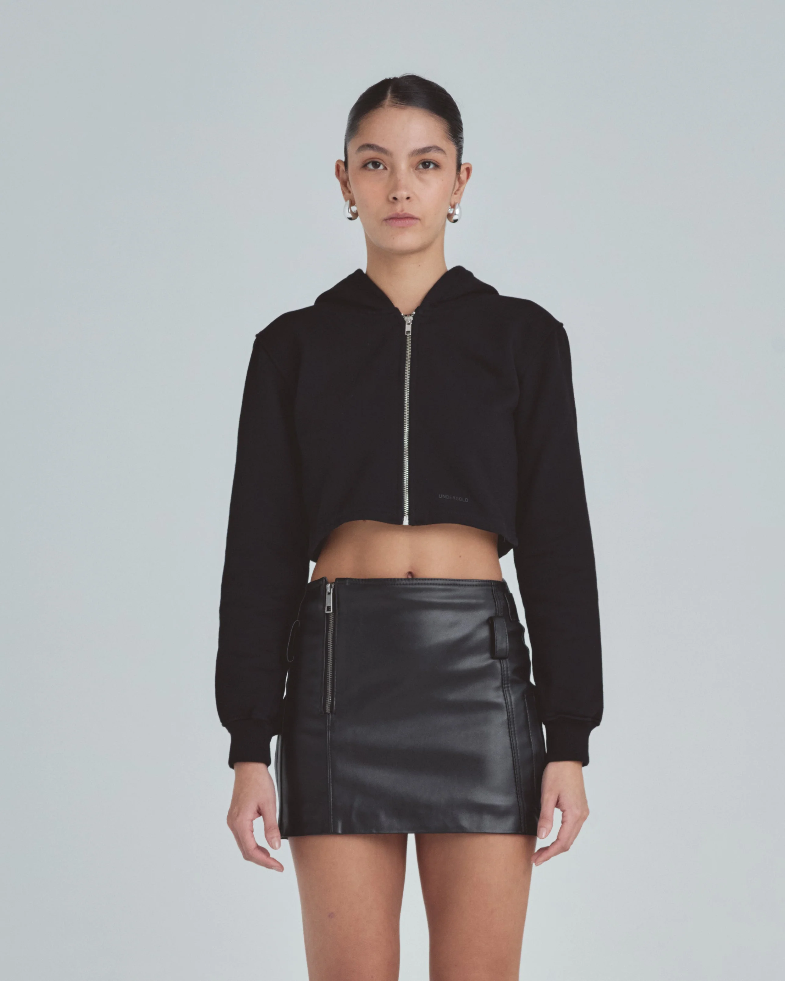 Line Basic Slim Fit Zip Up Cropped Hoodie Black - Image 2