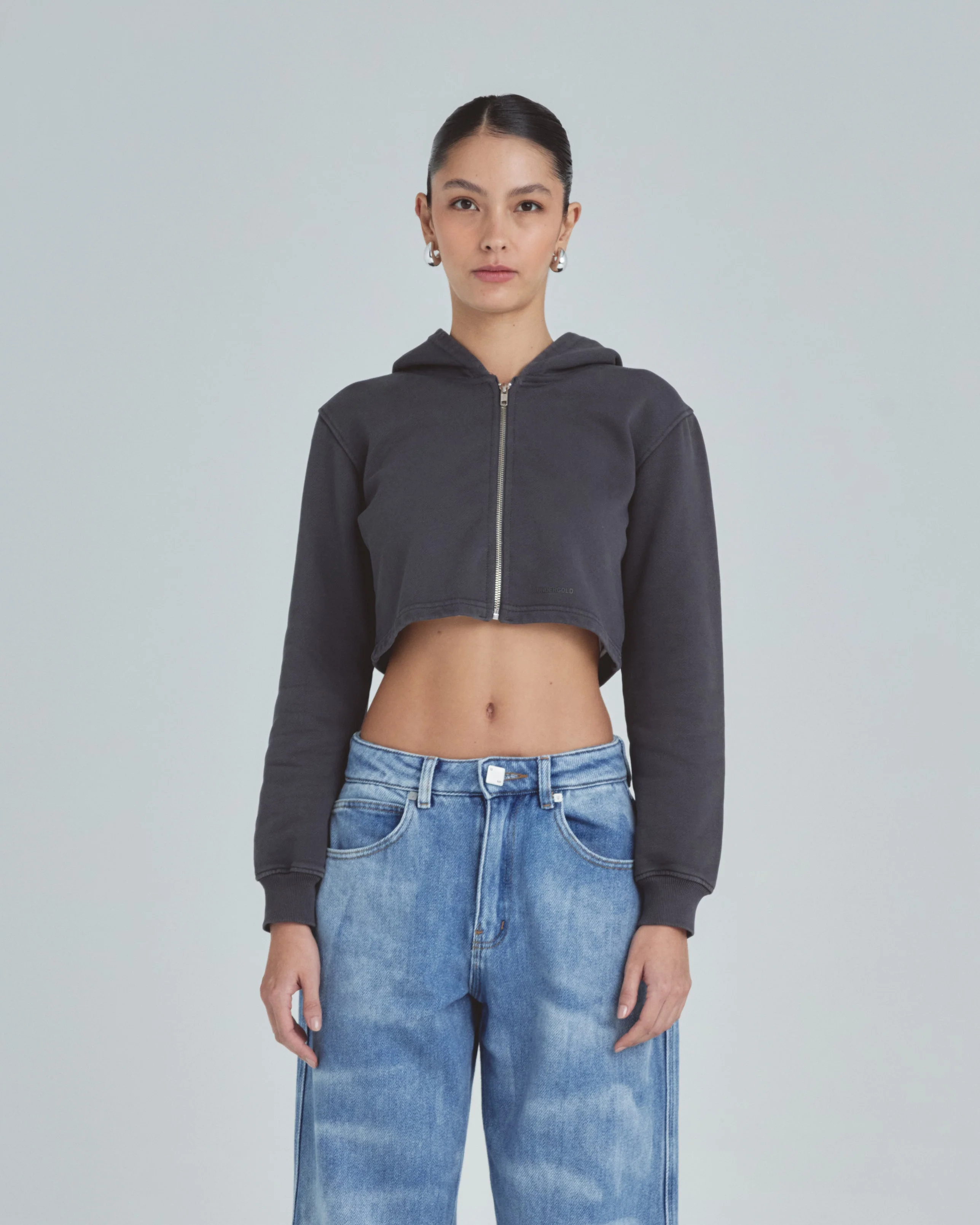 Line Basic Slim Fit Zip Up Cropped Hoodie Dark Gray - Image 2