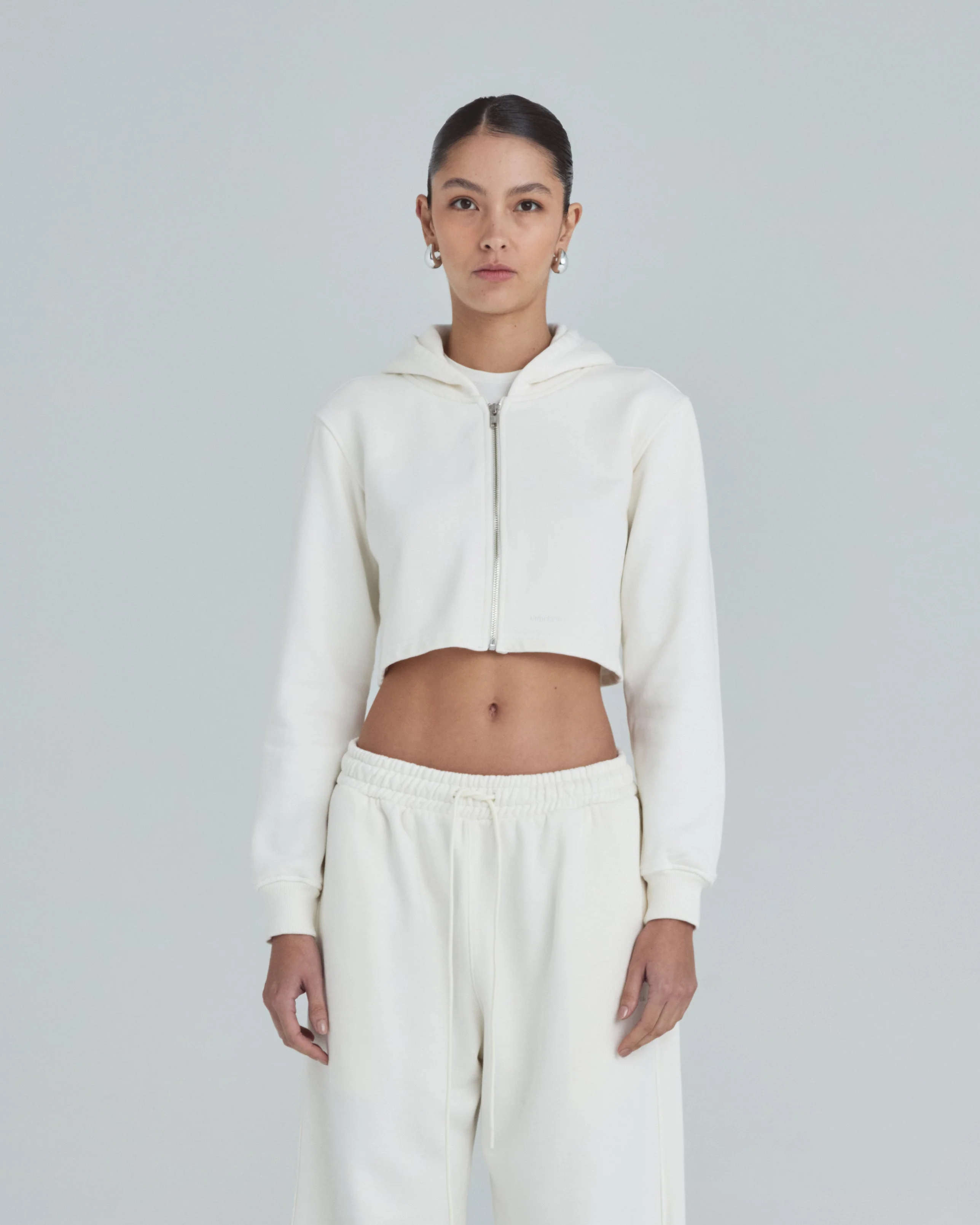 Line Basic Slim Fit Zip Up Cropped Hoodie White - Image 8