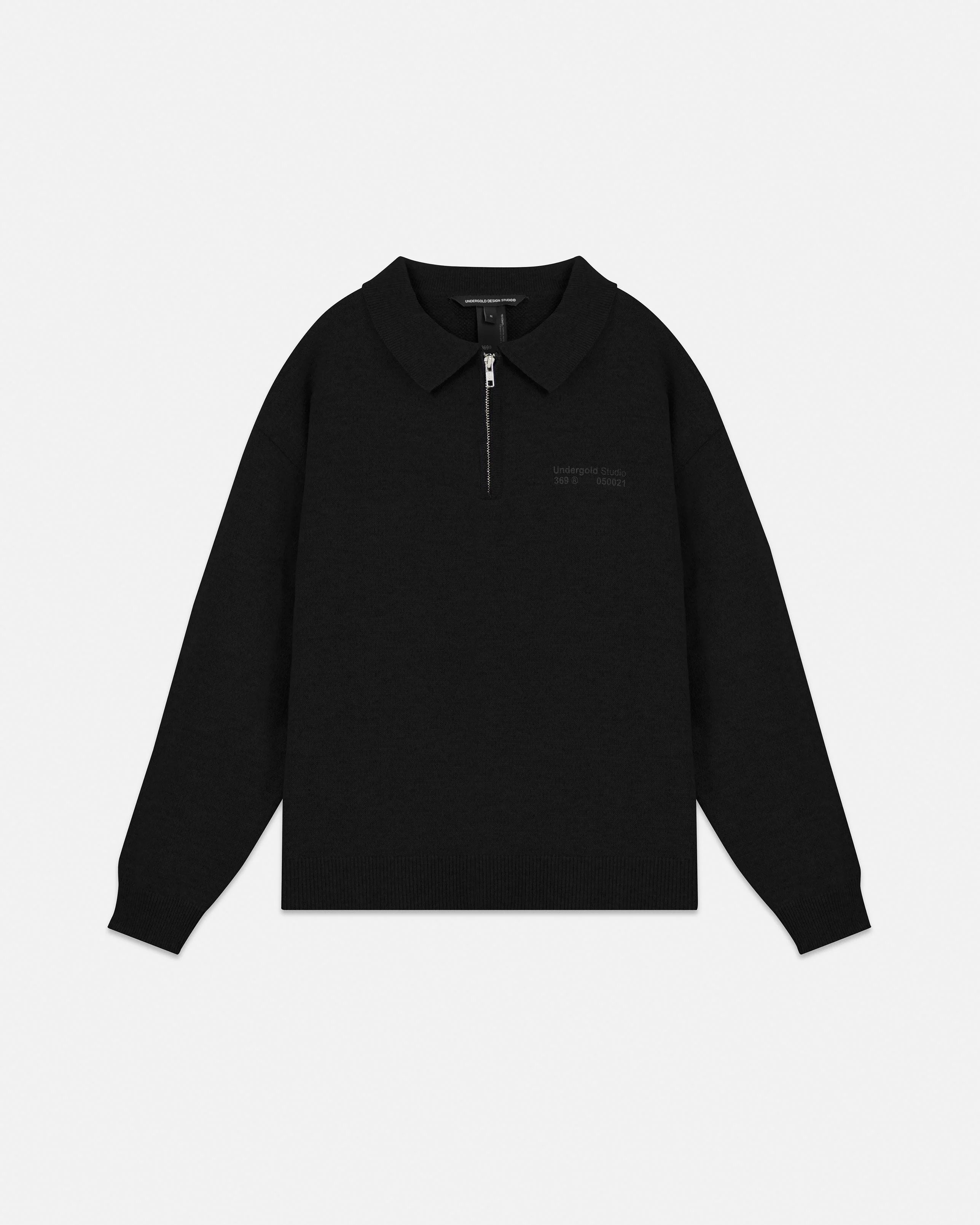 Line Knit Zip Up Long Sleeve Polo Shirt Black