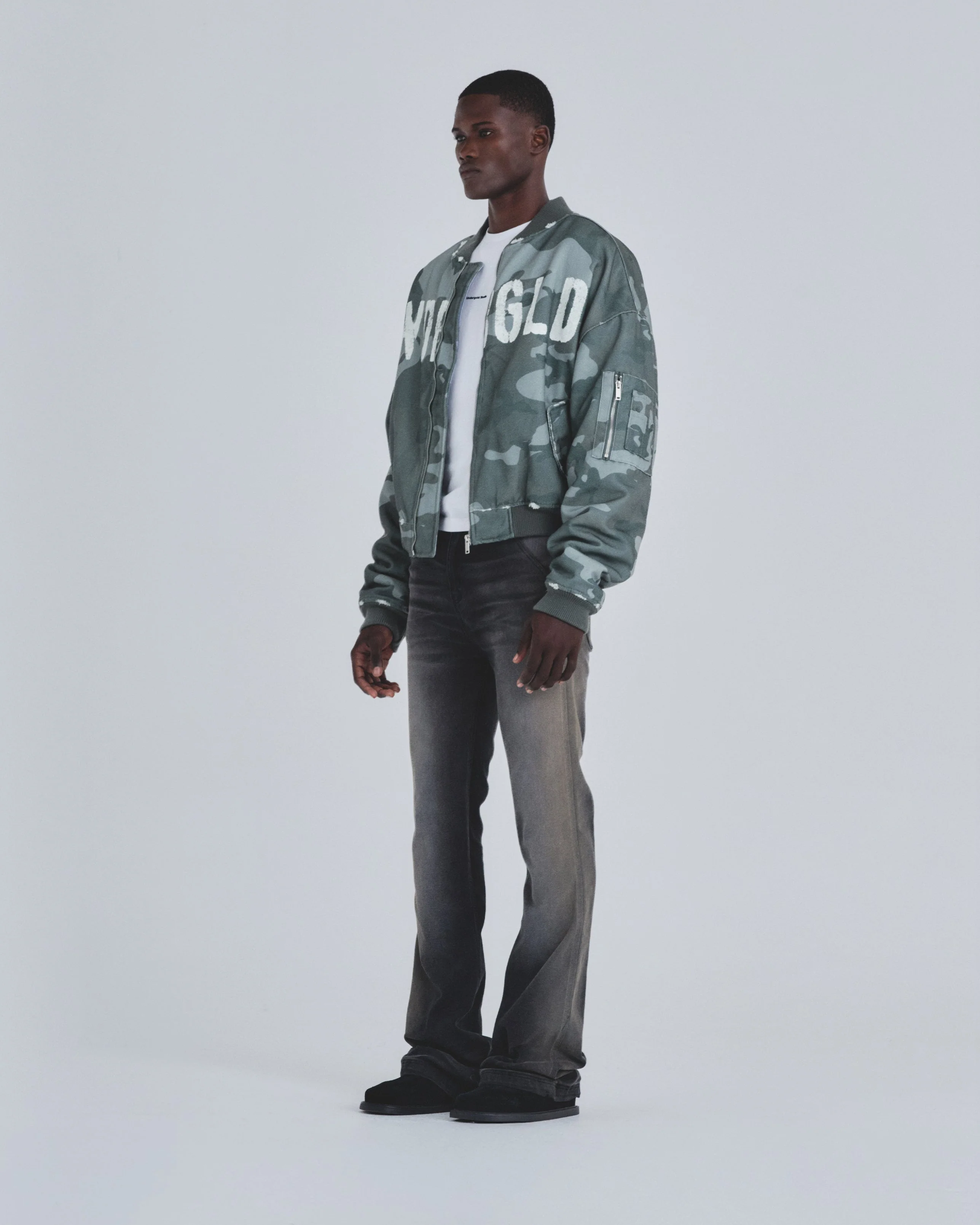 Holy State Worn Logo Bomber Jacket Gray Camo - Image 5