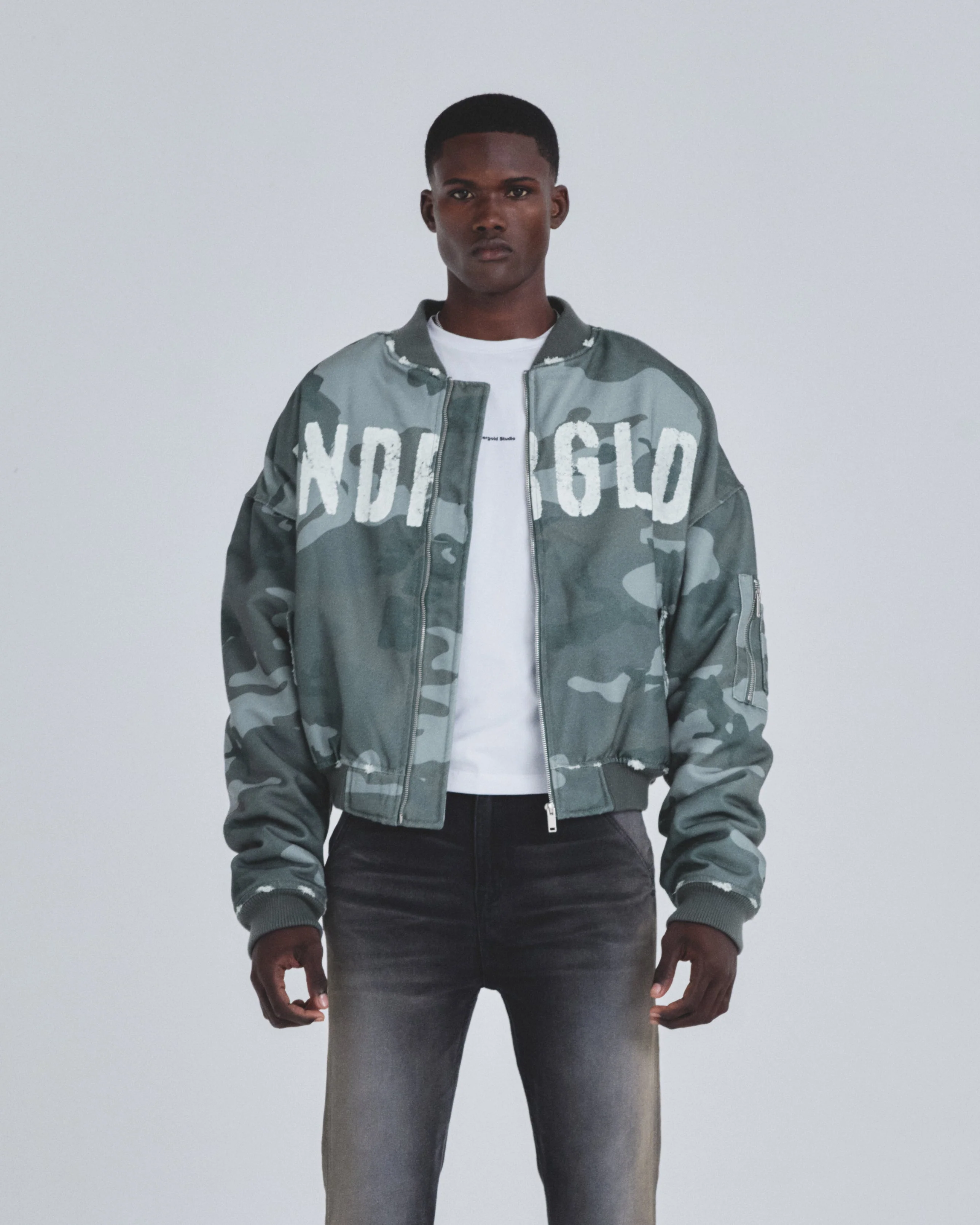 Holy State Worn Logo Bomber Jacket Gray Camo - Image 8